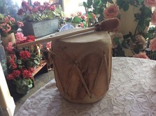 Hand Crafted Folk Art Two Sided Log Drum w/Rawhide Head And Mallet-Signed