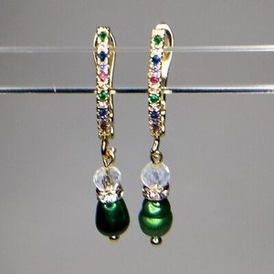 Authentic Green Pearl Earrings With 14K Gold Plated Multicoloured Zirconia Hook