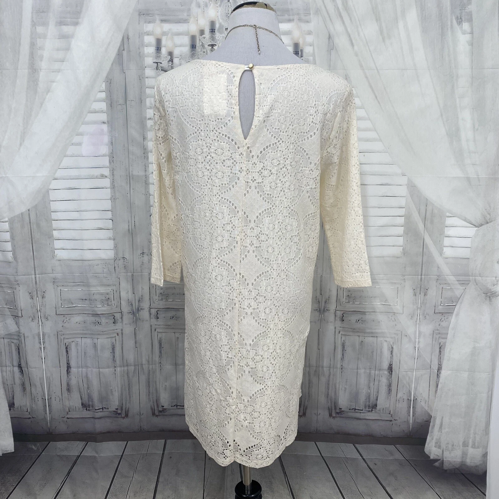 OFF WHITE Abito da barca foderato in pizzo Everly taglia grande crema avorio manica a 3 4 B33