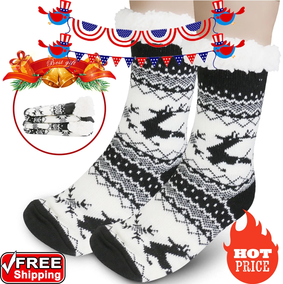 Winter Women Socks Thick Cozy Fuzzy Sherpa Fleece-lined Thermal Non-Skid Slipper - Image 2 of 4