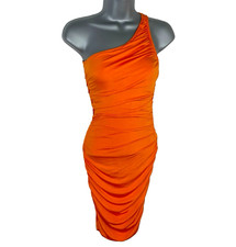 Stradivarius Bodycon Dress Women’s UK Size XS Orange One Shoulder Ruched Stretch