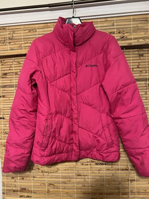 Columbia Women's M Pink Down Puffer Jacket Coat Hood Pockets Zips Dirty Sleeves