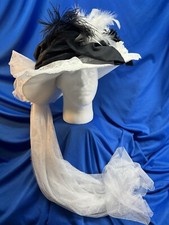 Vtg Elsie Massey black/white floral/feathers 34" train derby church lady hat