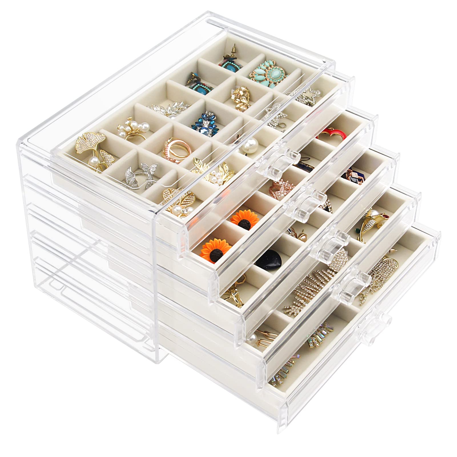 5-Drawer Clear Acrylic Jewelry Earring Organizer with Velvet Lining-image
