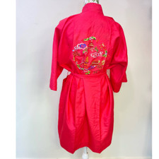 VTG Pink 100 Silk Hand Embroidered Kimono Robe Sleepwear House Coat Belted M