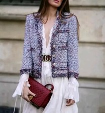 Zara Tweed Textured Embroidered Boucle Jacket Size L Buttoned Multicoloured