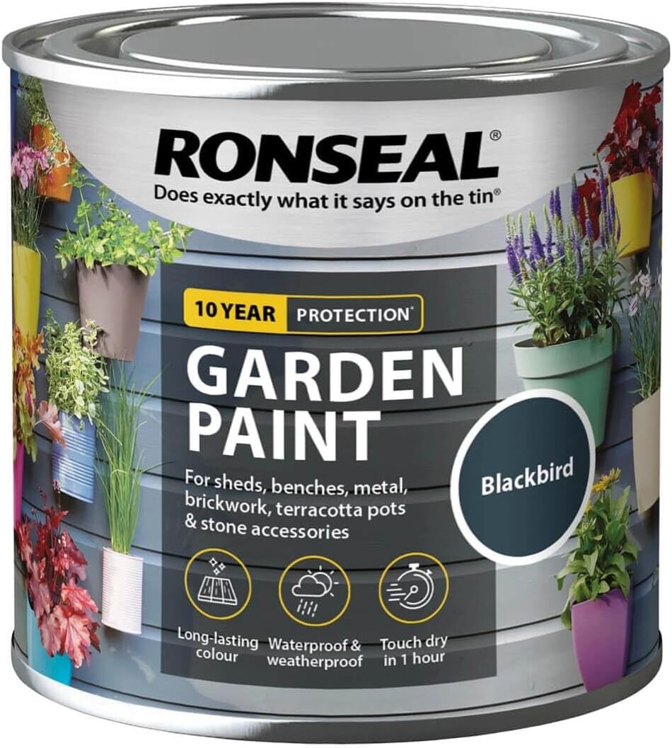 Ronseal Garden Paint Metal Wood Brick Stone Shed Furniture Pot 250ml - Blackbird