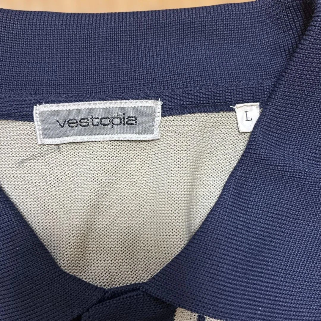 Vestopia Knit Polo Shirt L Size Gray Navy Stripes Button Design image 4