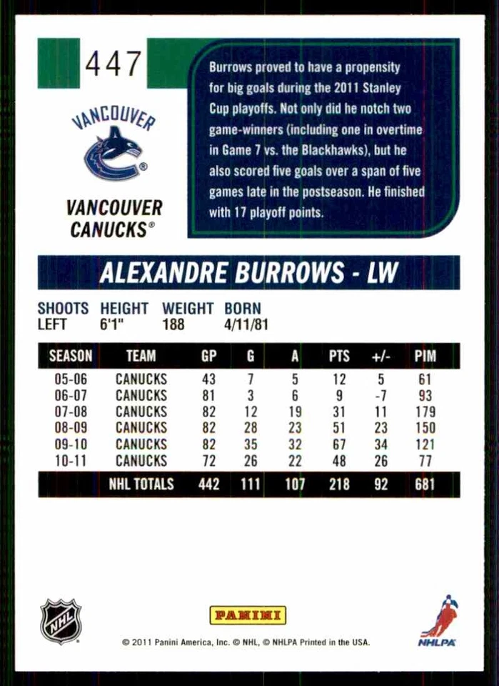 2011-12 Score Alexandre Burrows #447 - Image 2 of 2