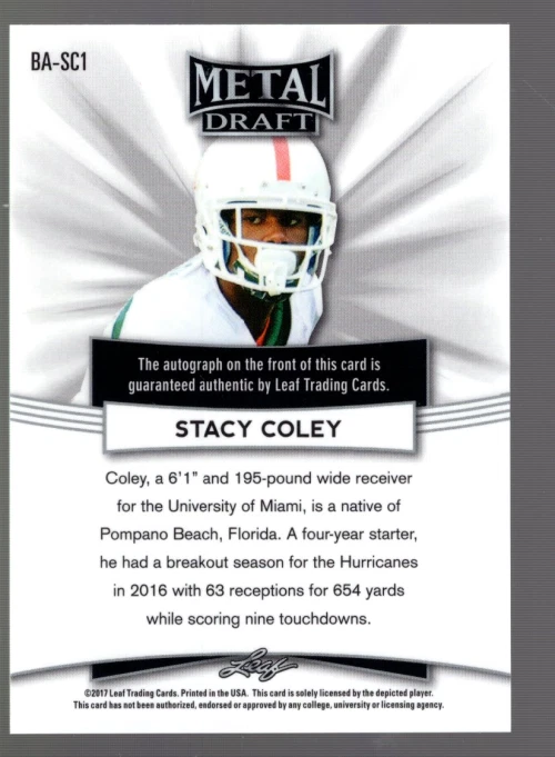 B7253- 2017 Leaf Metal Draft #BASC1 Stacy Coley EXCH Auto - NM-MT - Image 2 of 2