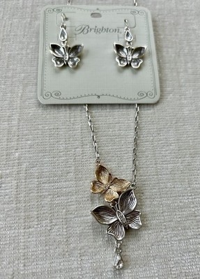 Brighton Everbloom Flutter TwoTone Crystal Butterfly Necklace & Earrings Set NWT