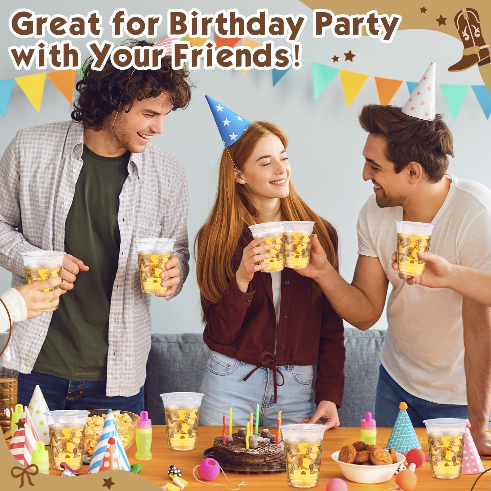 100 Pcs Western Cowboy Plastic Cups 16 oz Brown Cowboy Boot Drinking Cups for...