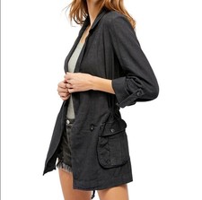 Free People S Charly Blazer Jacket Black Linen Utility Cargo Boho Grunge
