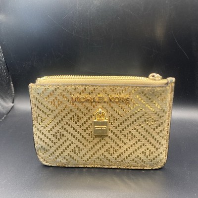 Michael Kors ADELE Leather Top Zip CoinPouch ID Card Case Gold & Silver Tones
