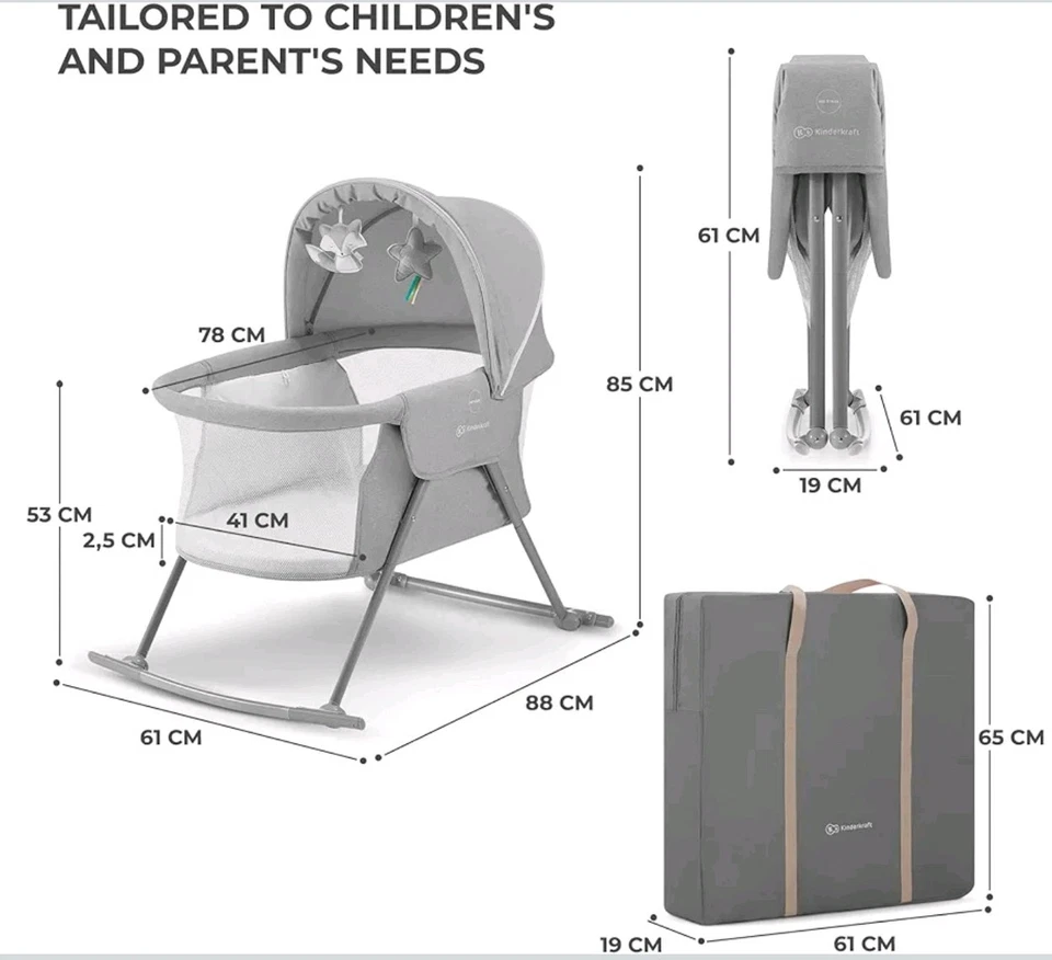 Kinderkraft Baby Crib 3 in 1 LOVI  Cradle, Travel Cot, Rocker Portable Grey  - Image 2 of 4