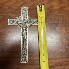 Vintage  White Metal Crucifix Cross. Measures 9” Long 5.5” Wide