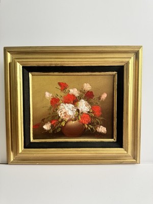 Still Life Small Oil Painting Framed Beautifully Red, pink Flowers in Vase NICE