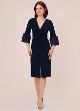 Adrianna Papell Navy Stretch ,Taffeta 3/4 Bell Sleeve V-Neck D Size 4