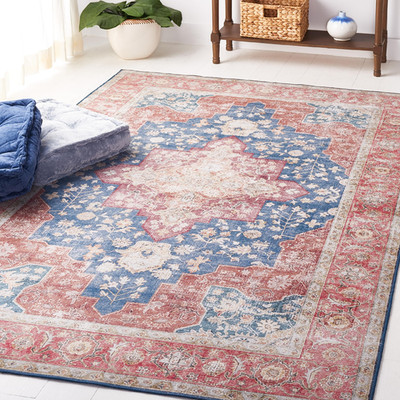 Safavieh Washable Rug Tucson Collection - 3 X 5 Navy Rust Slip Resistant Easy