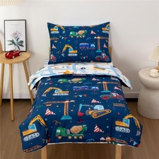 Construction Truck Toddler Bedding Set, Comforter, Sheets Pillowcase, Navy
