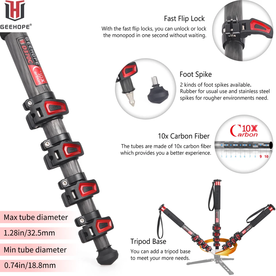 Professional Carbon Fiber Monopod 4-Section Leg for DSLR Camcorder D260C/D370C - image 3 of 4