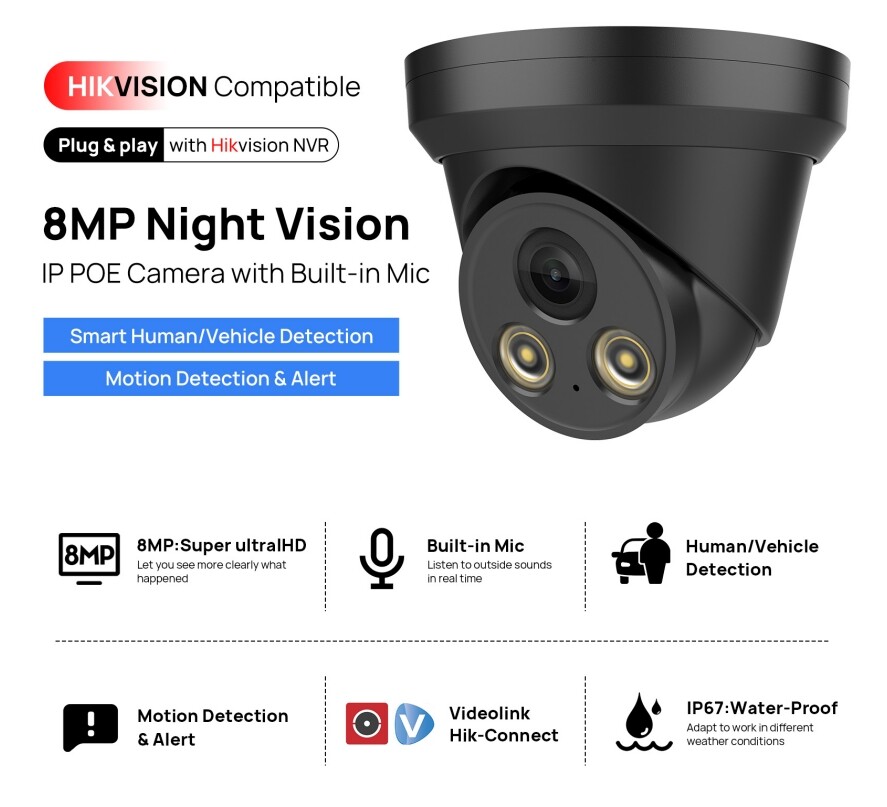 Hikvision Compatible 8CH 8POE DS-7608NXI-I2/8P/S NVR IR 8MP Turret