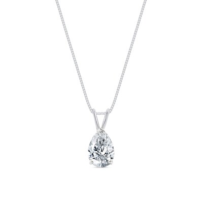 3 Ct Pear Lab Created Diamond Real 14K White Gold Solitaire Pendant 18'' Necklace