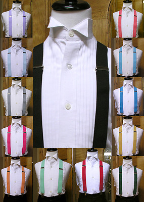 Boys suspenders set clip-on x back Black Coral Red Silver Mint Fuchsia Pink Jade