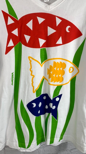 NEW Marushka Hand Printed White Tropical Fish V-Neck T-Shirt 100% Cotton M - Picture 19 of 23