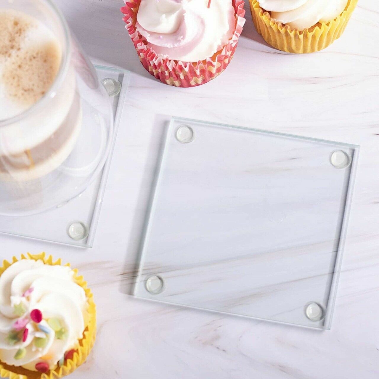 NON SLIP SQUARE CLEAR GLASS PLACEMATS AND COASTERS DRINK MATS COFFEE