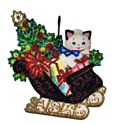 CAT in SLEIGH w TREE & GIFTS  * Glitter CHRISTMAS ORNAMENT  * Vtg Img