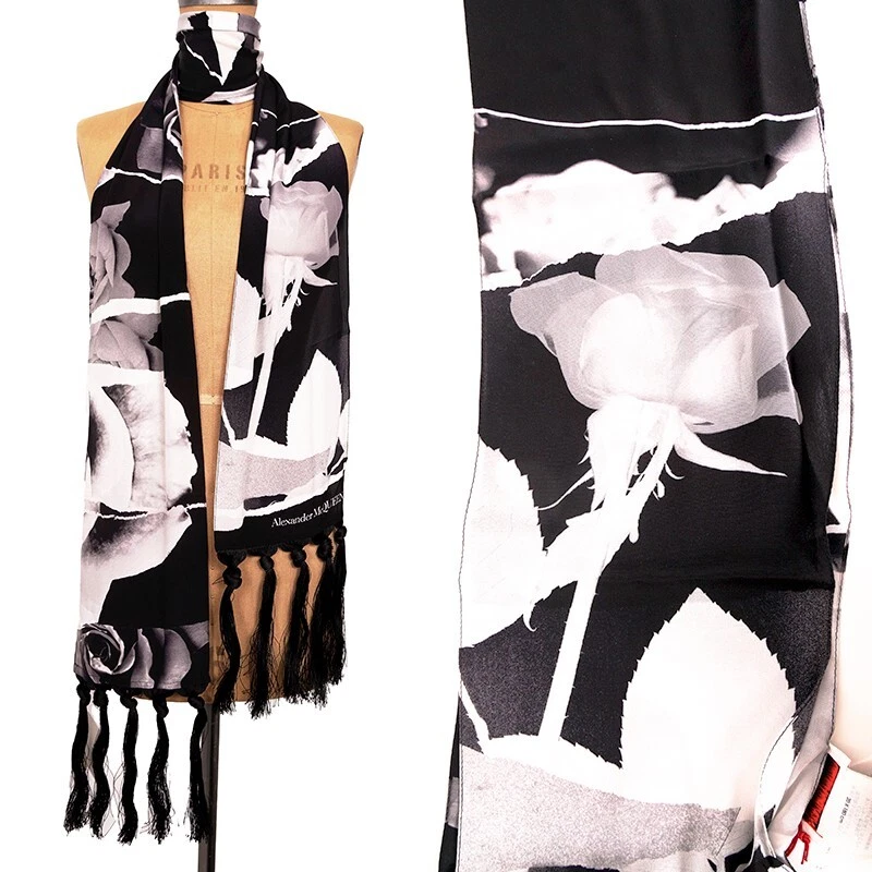NEW $530 ALEXANDER MCQUEEN Black White TORN ROSES PRINT Silk Tasseled SCARF NWT