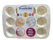 Trudeau Structure Silicone 12 Muffin Cupcake Pan 2 Pack BPA Free Confetti Design