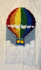 RARE Vintage Latch Hook Rug RAINBOW Hot Air Balloon Tapestry Wall Hanging