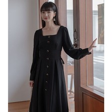 Women Midi Dress Square Neck Beaded Lace Up Short Sleeve A-line High Waist Black