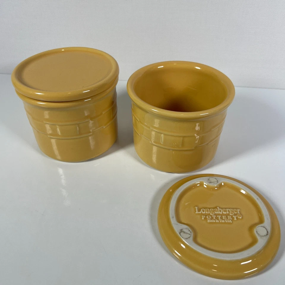 Longaberger Cerámica Vaso Vaso Bote y Tapa Amarillo Mostaza Juego (2) Hecho en EE. UU. Foto 3 de 4