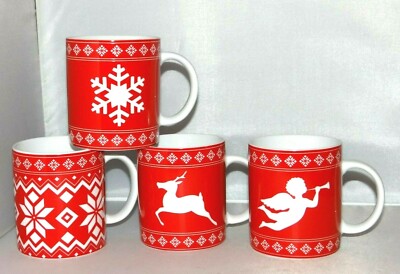 Set of 4 KONITZ Red White Christmas Holiday 10oz. Coffee Mugs Tea Cups Snowflake