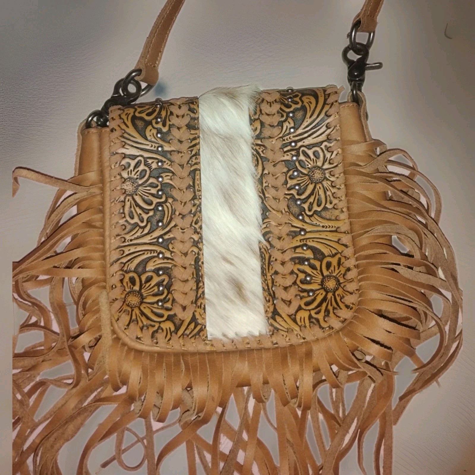 Montana West Brown White Fringe Tooled Leather Western Shoulder Bag for Women