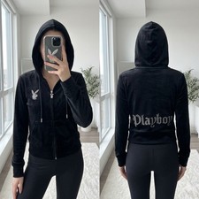 Playboy Black Velour Zip Up Hoodie Rhinestone Bunny Logo Cropped Sweatshirt S