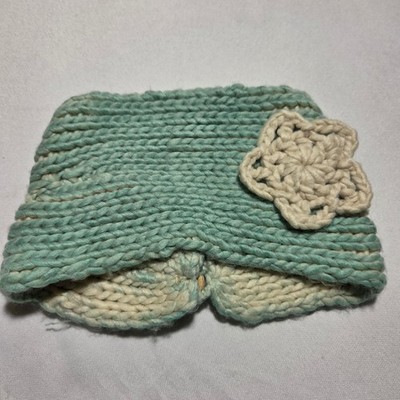 Handmade Chunky Knit Headband Ear Warmer Mint Green Cream Flower Button Accent