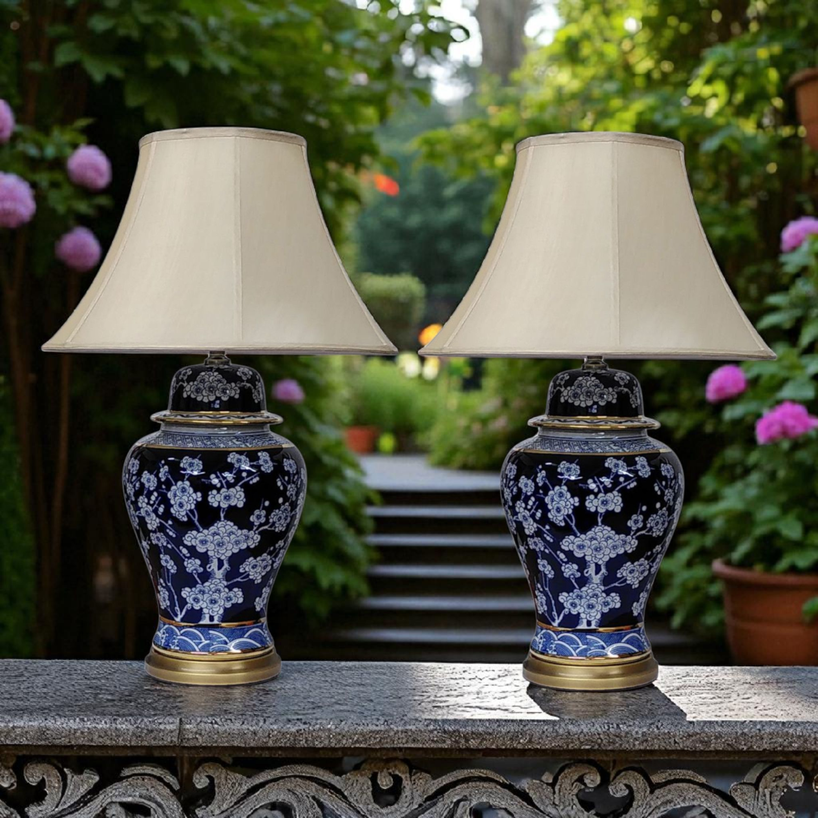 Pair of Chinese Table Lamps with Shades - Blue / White Blossom Pattern - 75cm