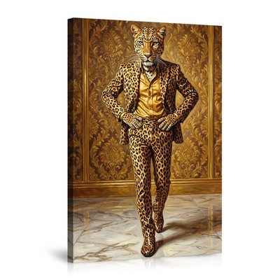Leopard Man in Gold Suit Canvas Poster Wall Art Luxury Fashion Animal Design 