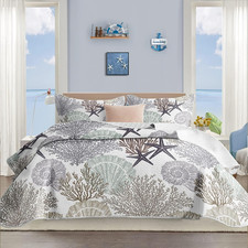3 Piece Coastal Quilt Sets King Size Bedding Set, Grey  Reversible, Soft, Light