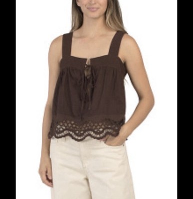 Rachel Zoe NWT Linen Cropped Tank Top Tie Lace Front Scalloped Eyelet Trim XL
