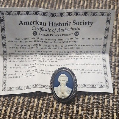 American Historic Society Indian Princess Cameo Brooch w/ Cert Blue/White