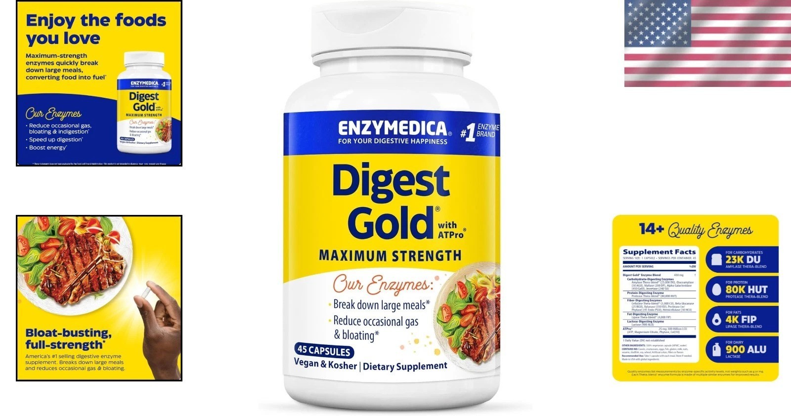 Maximum Strength Digestive Enzymes with ATPro Blend - 45 Capsules for Energy