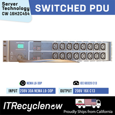 NEMA L6-30P Switched PDU 16x C13 208V 5.0kW Server Technology CW-16H2C454 30A