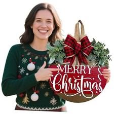 Merry Christmas Hanging Sign for Front Door, Wooden Merry Christmas Wreath