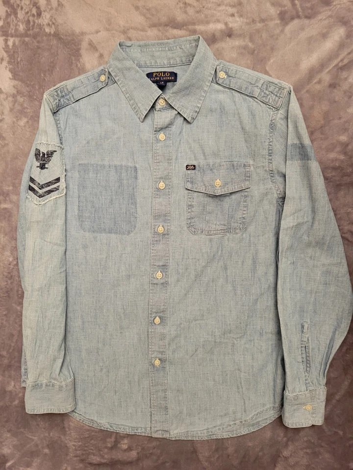 Рубашка Polo Ralph Lauren джинсовая на пуговицах молодежная для мальчиков 14 16 большая военная ВМС США морская - Изображение 2 из 4