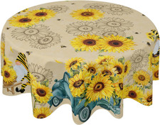 Sunflower Tablecloth Round 70 Inch Spring Summer Yellow Sunflower Truck and Gnom